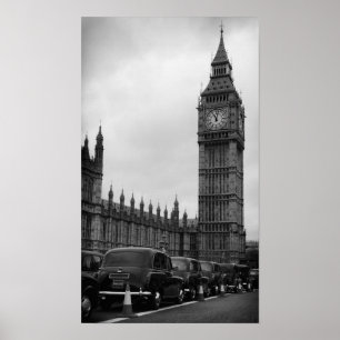 Big Ben en taxi-skåp i svartvitt poster