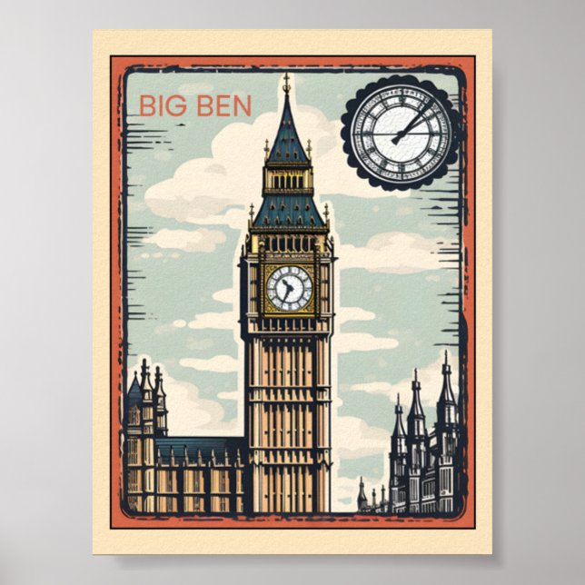 Big Ben London Storbritannien Vintage Resa Poster (Framsidan)