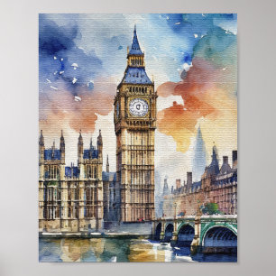 Big Ben London Watercolor Art Skriv ut Poster