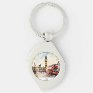 Big Ben och röd buss i London Swirl Silverfärgad Nyckelring