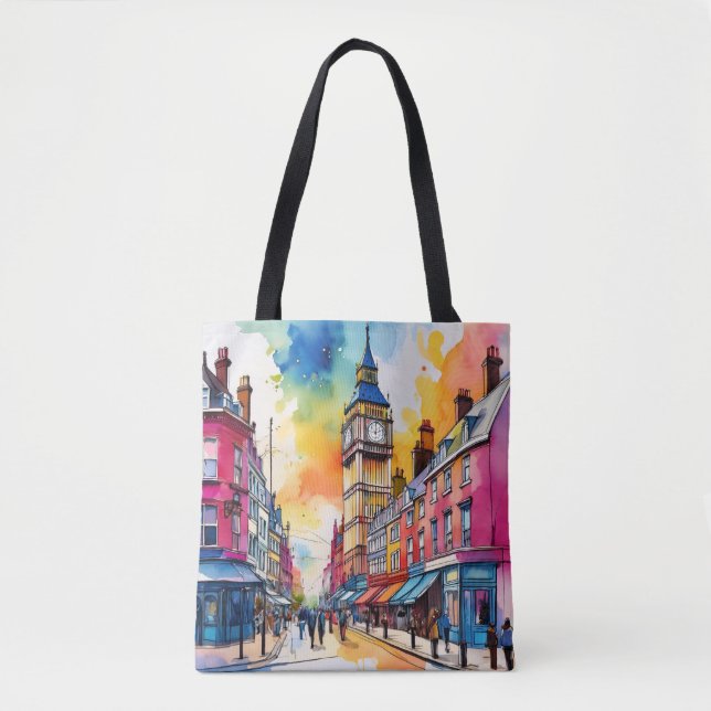 Big Ben och Vibrant London Street Watercolor Tygkasse (Framsida)