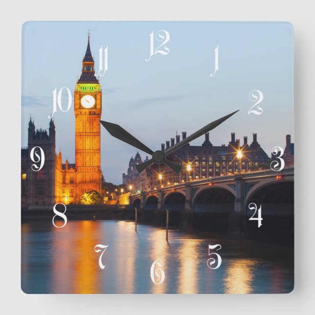 Big Ben och Westminster Bridge på kvällen Fyrkantig Klocka (Framsida)
