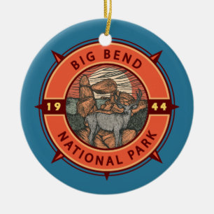 Big Bend National Park Elk Retro Compass Emblem Julgransprydnad Keramik