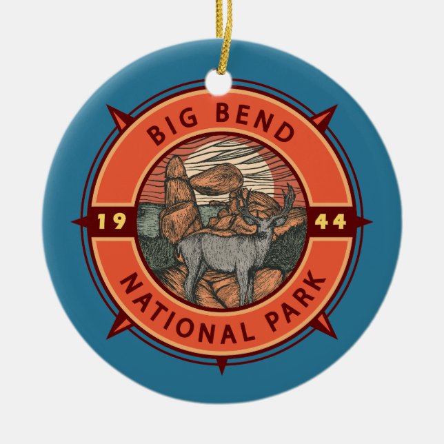 Big Bend National Park Elk Retro Compass Emblem Julgransprydnad Keramik (Framsidan)