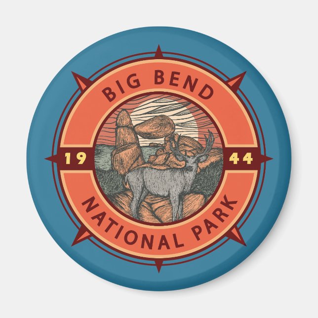 Big Bend National Park Elk Retro Compass Emblem Magnet (Framsidan)