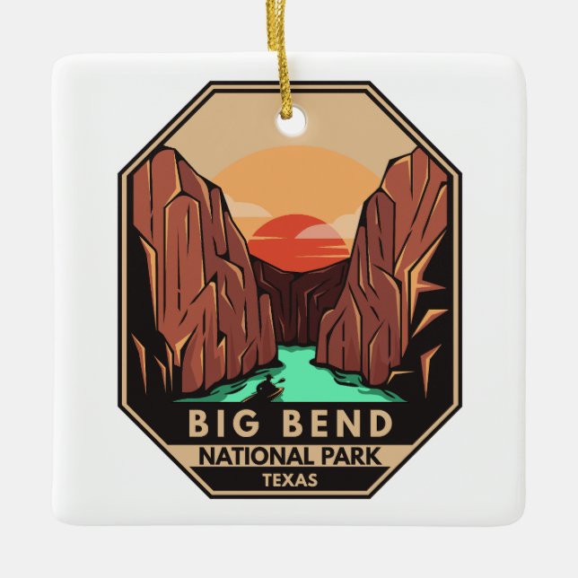 Big Bend National Park Kayak Retro Emblem Julgransprydnad Keramik (Framsida)