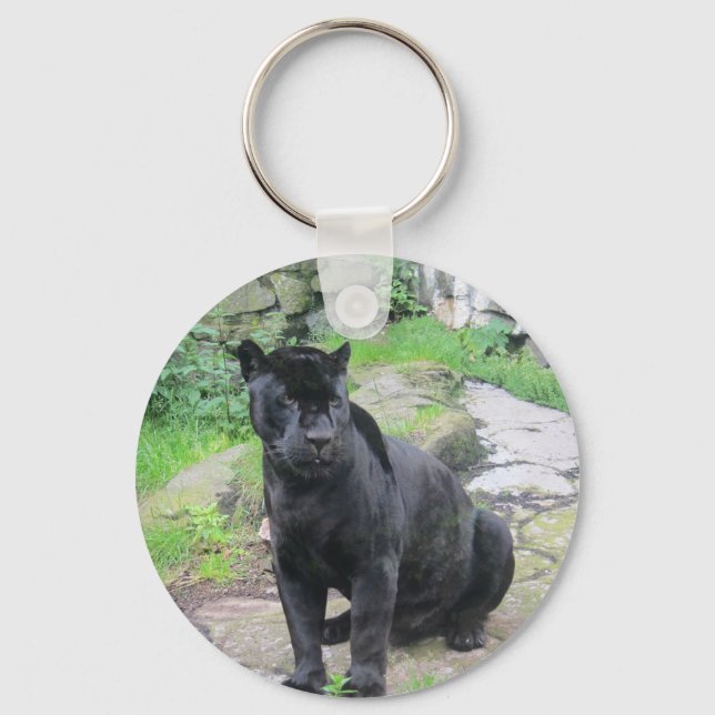 Big Black Jaguar Cat på Sitta på Sten Nyckelring (Framsida)