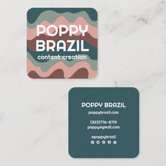 BIG BOLD RETRO Curvy Vågigt Rand Rosa Teal Fyrkantigt Visitkort (Fram/baksida)