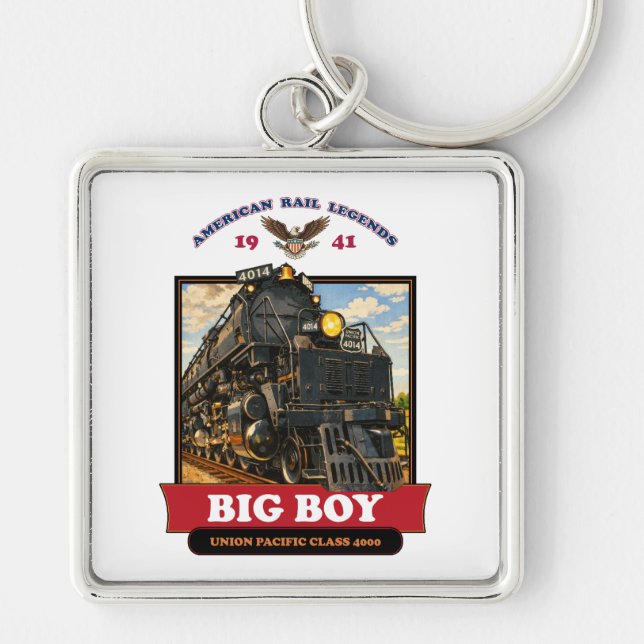 Big Boy 4014 Ånglok Retro Illustration Fyrkantig Silverfärgad Nyckelring (Framsidan)