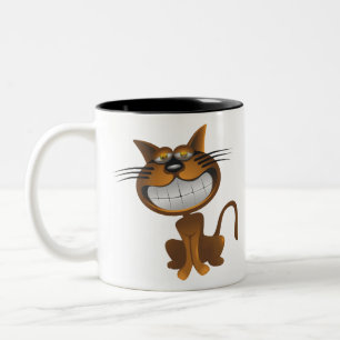 Big Brown Caricature Tecknad Cat Cute Dentures Två-Tonad Mugg