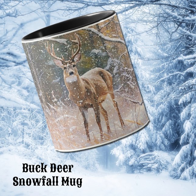 Big Buck Hjort Antlers i Snö och Träd Art Mugg (A buck White-tailed deer in a snow scene art mug.)