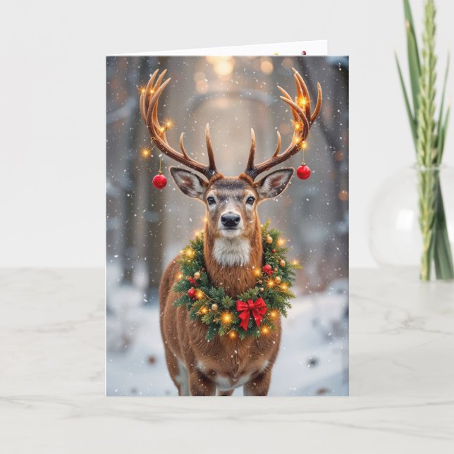 Big Buck Wearing a Glowing Christmas Wreath Kort (Framsida)