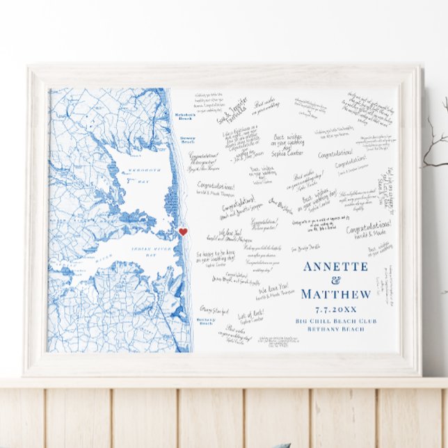 Big Chill Beach Club Bröllop Gästbok Poster (Big Chill Beach Club Alternative Wedding Guest Book Poster | Delaware Beach Map Coastal Map Designs)