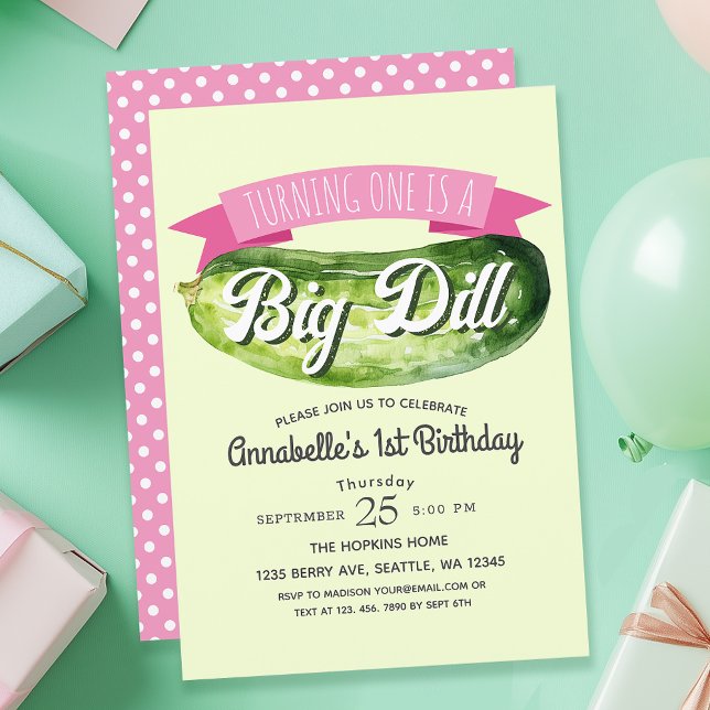 Big Dill Pickle Girl's Kids 1:a födelsedagen Inbjudningar (Skapare uppladdad)