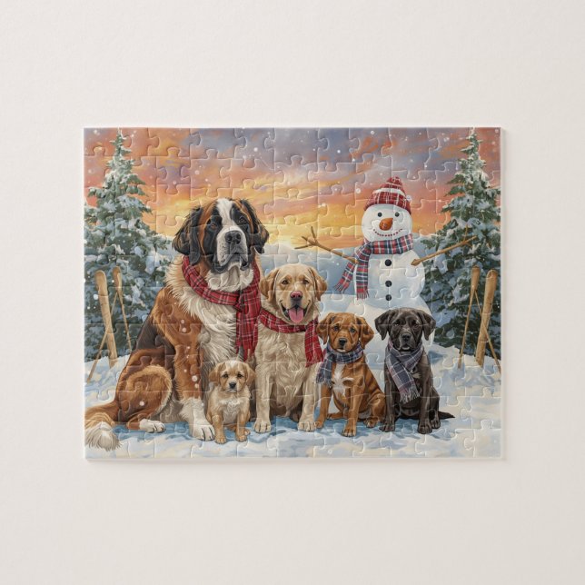 Big Dogs Small Dogs Winter Snowman Art Pussel (Horisontell)