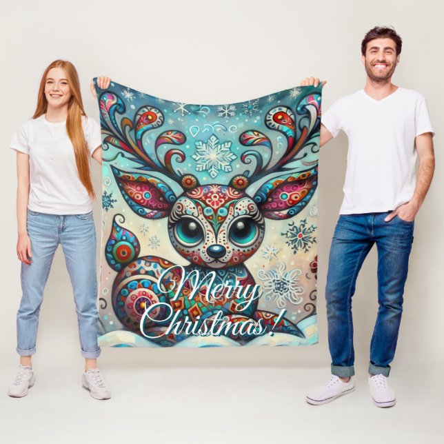 Big Eye Christmas Reindeer Folk Art Personalized Fleecefilt (På plats)