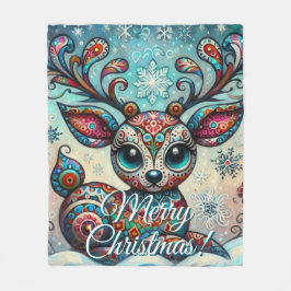 Big Eye Christmas Reindeer Folk Art Personalized Fleecefilt