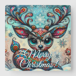 Big Eye Christmas Reindeer Folk Art Personalized Fyrkantig Klocka