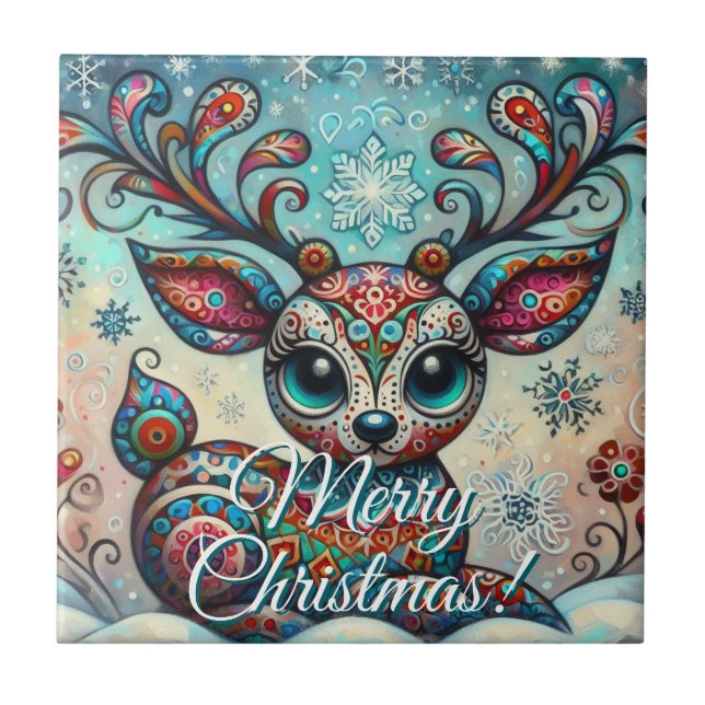 Big Eye Christmas Reindeer Folk Art Personalized Kakelplatta (Framsidan)