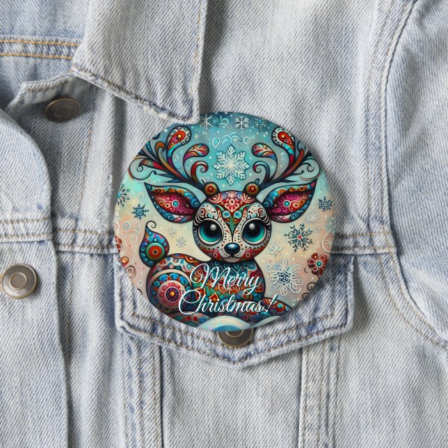 Big Eye Christmas Reindeer Folk Art Personalized Knapp (In Situ)