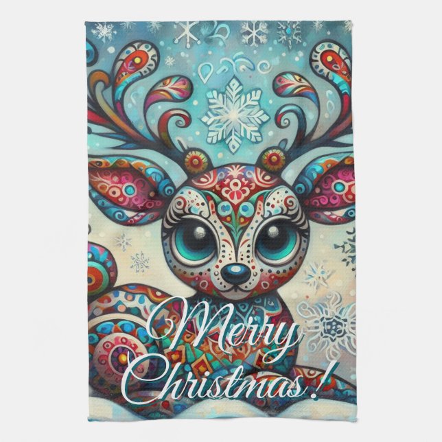 Big Eye Christmas Reindeer Folk Art Personalized Kökshandduk (Vertikal)