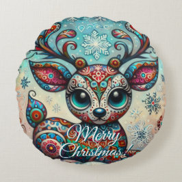 Big Eye Christmas Reindeer Folk Art Personalized Rund Kudde