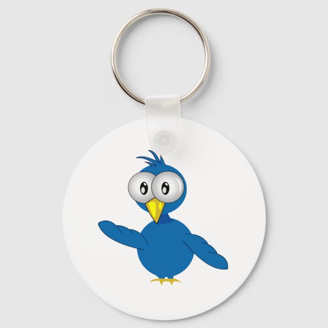 Big Eyed Blue Tecknad Bird Nyckelring (Framsida)