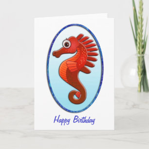 Big Eyed Tecknad Seahorse Birthday Kort