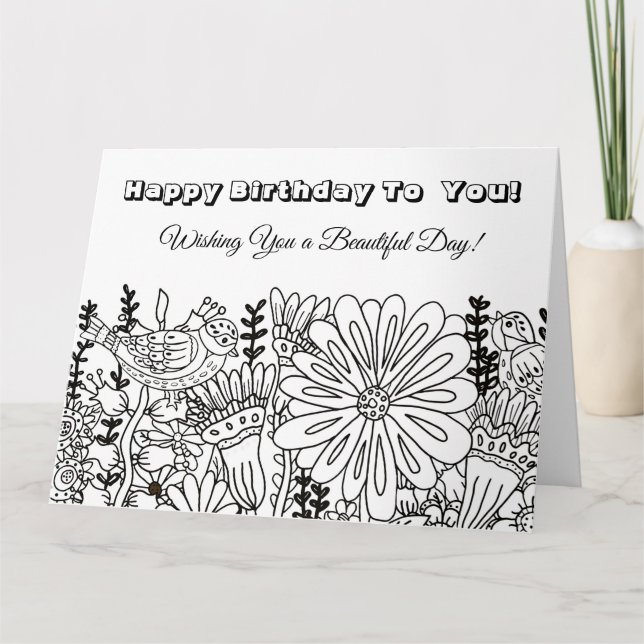 Big Färg Me Birthday Card Whimsical Birds Flowers Kort (Framsida)
