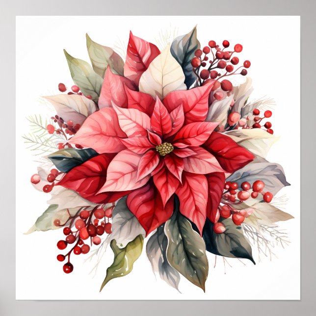 Big Festive Red Poinsettia Julblomma Poster (Framsidan)