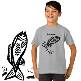 Big Fish Primitive Art Black Line Teckning T Shirt