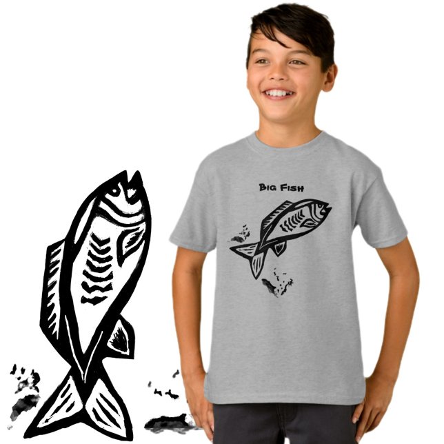 Big Fish Primitive Art Black Line Teckning T Shirt (Skapare uppladdad)