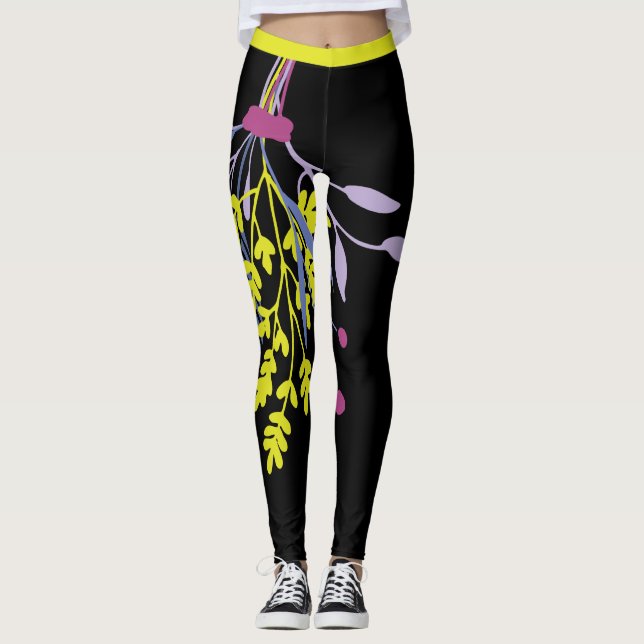 Big Fold Colorful Grönt Lila Botanias Leggings (Framsida)