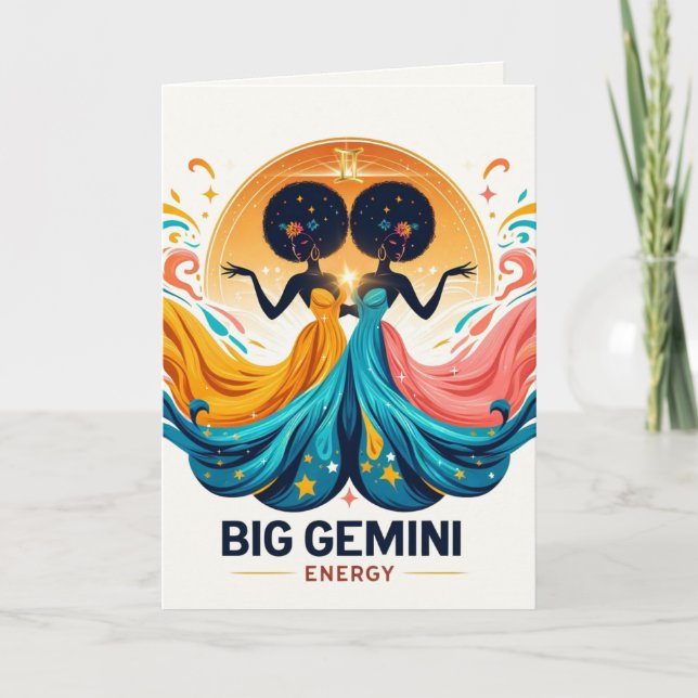 Big Gemini Energy Afro Goddes Zodiac Birthday Kort (Framsida)