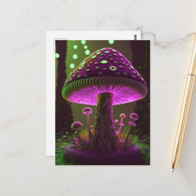 Big Glowy Mushroom - Grönt & Fuchsia Vykort (Fram/Back In Situ)