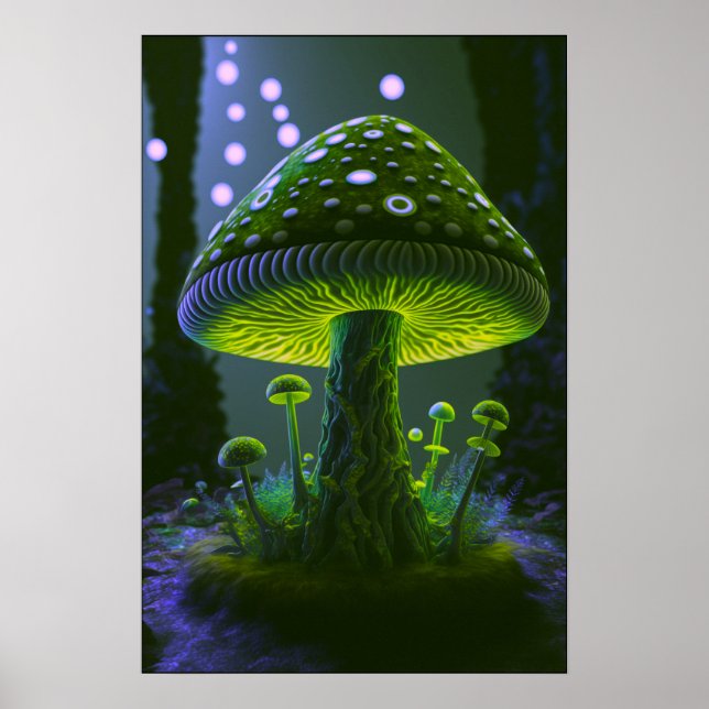 Big Glowy Mushroom - Grönt & Indigo Poster (Framsidan)