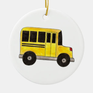 Big Gult School Buss Lacher Driver Gift Julgransprydnad Keramik