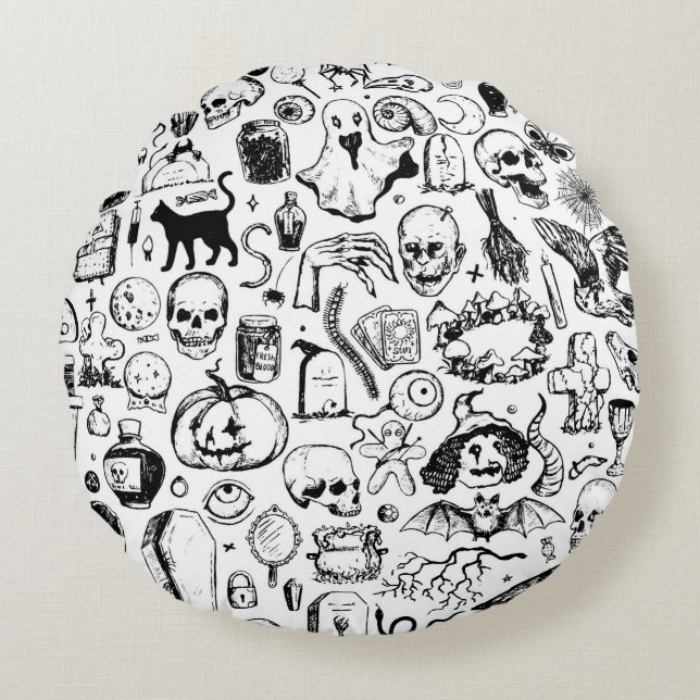 Big halloween doodles collection. Hand drawn vinta Rund Kudde (Framsidan)