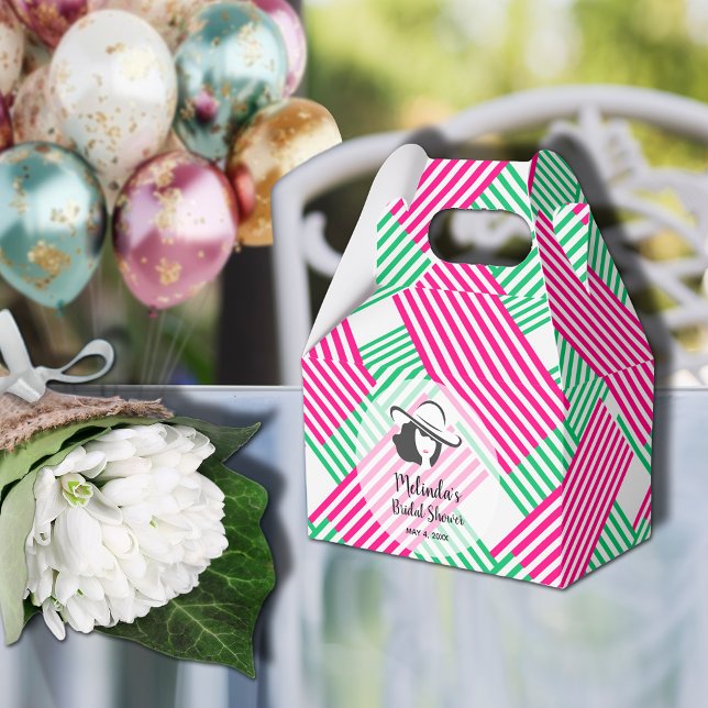 Big Hat Derby Dam Shock rosa Grönt Rand Gable Presentaskar (Big Derby hat lady on hot pink and green diagonal stripes gable style bridal shower favor boxes)