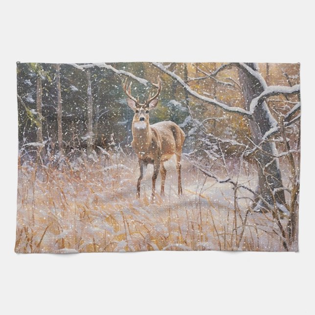 Big Hjort Buck i Snö Falling Art Kitchen Towel Kökshandduk (Horisontell)
