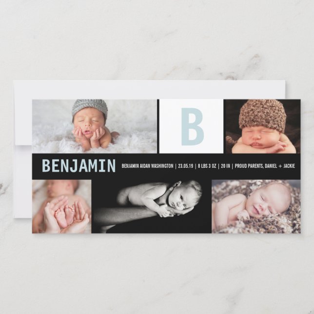 Big Initial Blue Pojke Monogram 5 Fotofödelse Meddelande (Framsida)