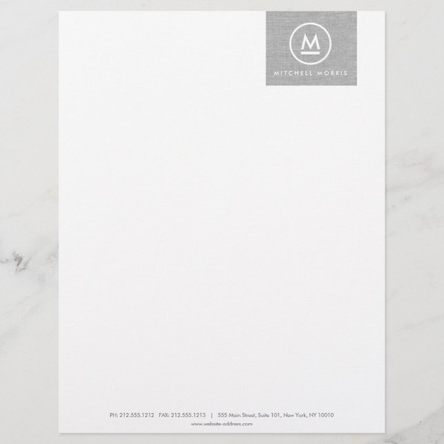 Big Initial Monogram på Grått Linen II Letterhead Brevhuvud (Framsida)