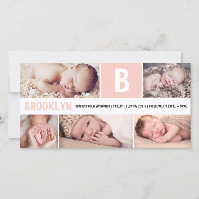 Big Initial Rosa Baby Monogram 5 Multi Photo Birth Meddelande (Framsida)