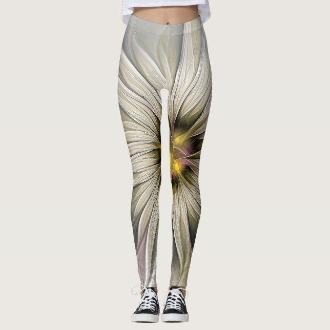 Big Ivory Flower, Abstrakt Modern Fractal Art Leggings (Framsida)