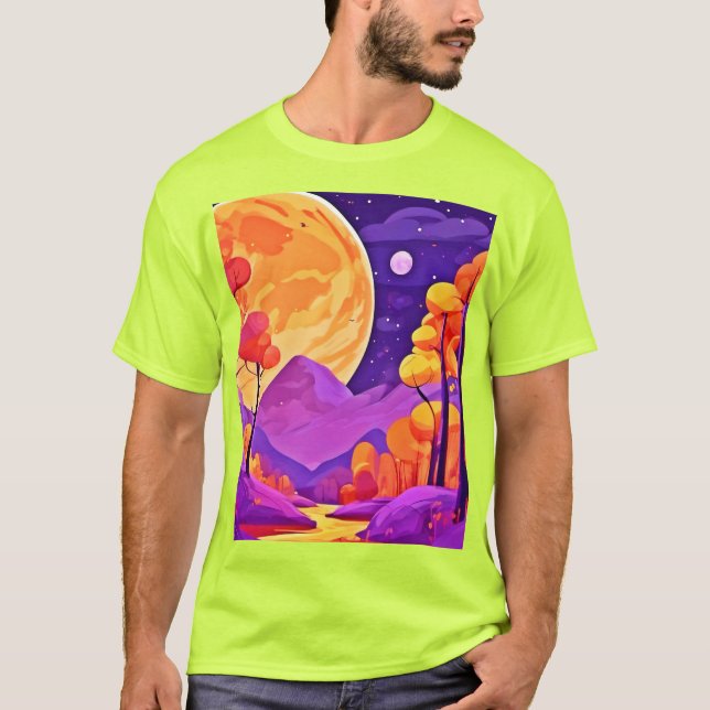 Big Måne & Tecknad Träd Art T Shirt (Framsida)