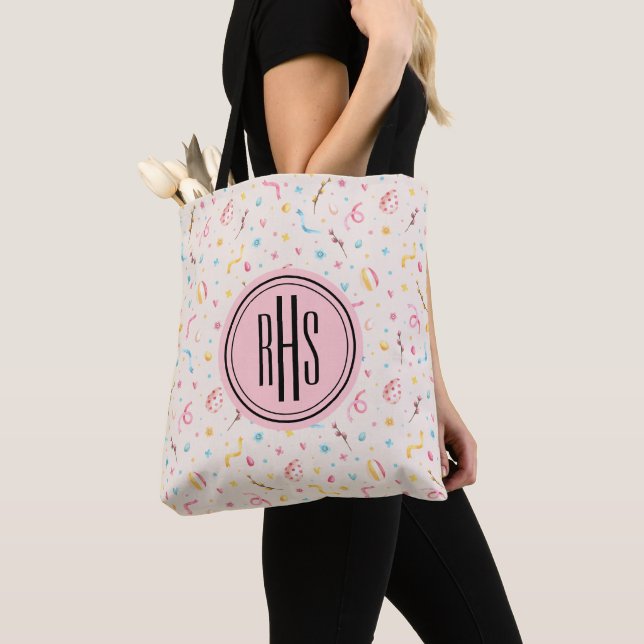 Big Monogram på Tote Bag Vår-Påsk-Mönster Tygkasse (Närbild)