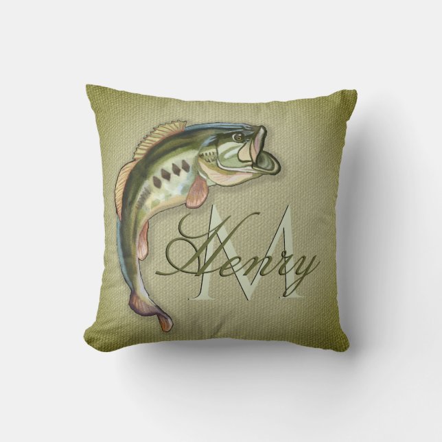 Big Mouth Bass Fish Monogram Kudde (Framsida)
