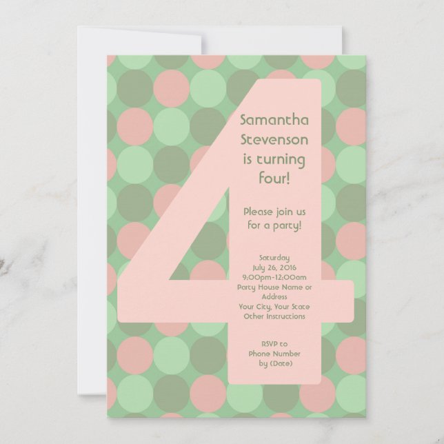 Big Number4 Girl's 4e födelsedagen Party Inbjudningar (Framsida)