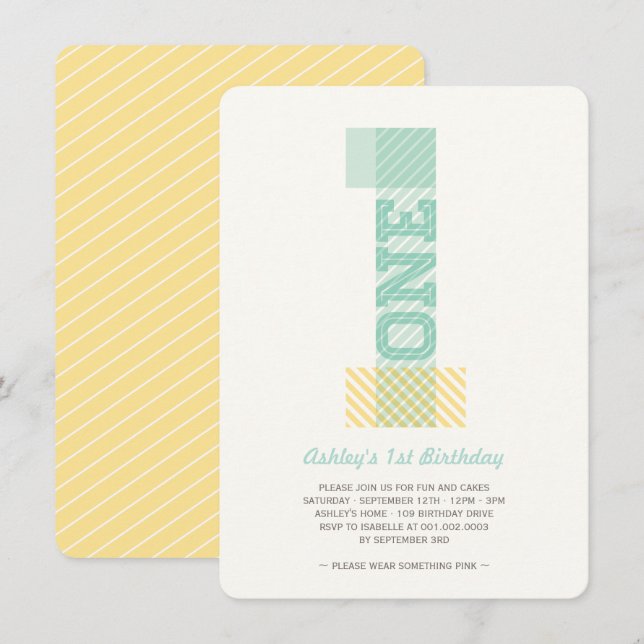 Big Number 1 Rand Baby Neutralt 1:a födelsedag Inbjudningar (Fram/baksida)