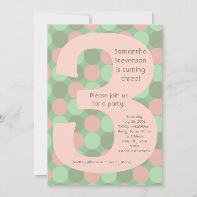 Big Number 3-flickans tredje födelsedag Party Inbjudningar (Framsida)